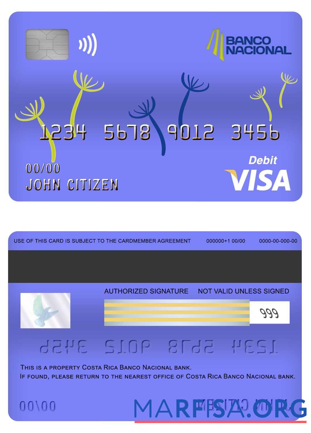 Downloadable Costa Rica Banco Nacional bank visa debit card example